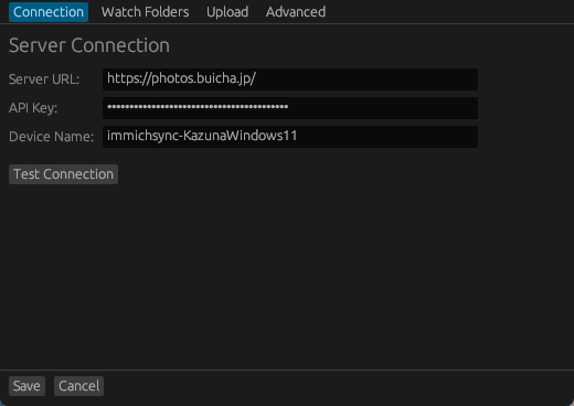 ImmichSyncのConnection設定画面