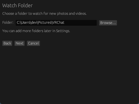 ImmichSyncでVRChatの写真保存フォルダを指定する画面